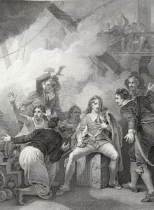 Graaf Sandwich weigert zijn schip te verlaten terwijl het in brand staat, in de Slag bij Sole Bay, gegraveerd door W. Byrne, illustratie uit David Hume