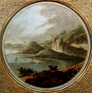 Kasteel boven een zeebaai met schepen, ca. 1775 door Robert (attr. to) Adam