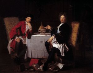 Twee epicuristen Twee filosofen praten aan een tafel door Robert (attr. to) Tournieres