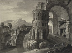 Architectonische fantasie. Ruïne van antieke brug, geflankeerd door middeleeuwse torens door Robert Adam