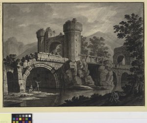 Architectonische fantasie van een verwoeste brug in een landschap