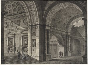 Architectonische fantasie van het interieur van een oud gebouw met gedeeltelijk verwoeste gewelven