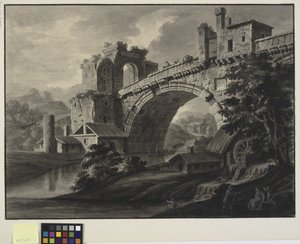 Architectonische fantasie met een antieke brug over een rivier, en een watermolen op de voorgrond