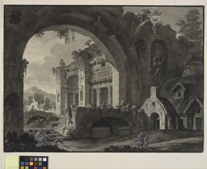 Architectonische fantasie met ruïnes van een antiek bad en huisjes door Robert Adam