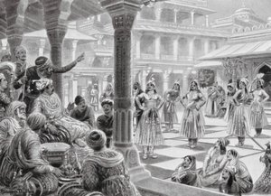 Akbar speelt dammen met levende stukken in Fatehpur Sikri door Robert Ambrose Dudley