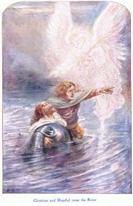 Christen en Hoopvol steken de rivier over, uit De Pelgrimsreis gepubliceerd door John F Shaw & Co