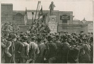 De grote staking van dokwerkers in het oosten: de heer John Burns spreekt de stakers toe bij de poorten van de East en West India Docks door Robert Barnes