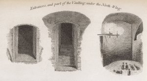 Ingangen en een deel van de gewelven onder de noordvleugel van Crosby Hall door Robert Blemell Schnebbelie