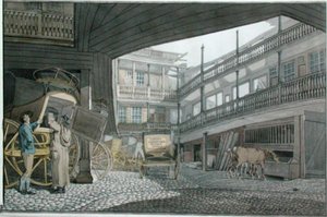 Uitzicht op de binnenplaats van de Spread Eagle, Gracechurch Street, met koetsen en paarden die gevoerd worden door Robert Blemell Schnebbelie