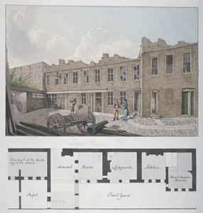 Ludgate Prison met een plan van het London Workhouse, Bishopsgate, eronder, City of London, 1818