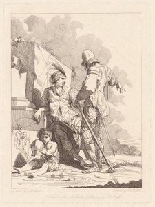 Twee soldaten en kind met een helm door Robert Blyth, after John Hamilton Mortimer