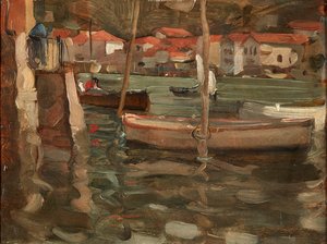Roeiboten bij een Havenkade, Concarneau door Robert Brough