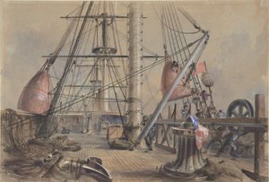 Een van de grote boeien eruit halen: Het dek van de Great Eastern kijkend vanaf... (1865-66) door Robert Charles Dudley