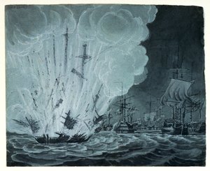 Schip, ontploffend, tijdens de slag bij de Nijl door Robert Cleveley
