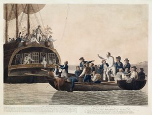 De Muiters zetten Luitenant Bligh en een deel van de Officieren en Bemanning Af, 29 april 1789, uitgegeven 1790 door Robert Dodd