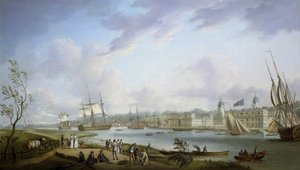 Uitzicht op Greenwich, beschrijving van de Theems en activiteiten op de oevers, evenals van de riviernavigatie, onderhevig aan het belang van de getijden. Olieverf op doek door Robert Dodd