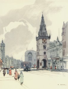 Glasgow: De Tolbooth en de Tron Steeple (kleurenlitho) door Robert Eadie
