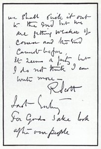 Laatste pagina van het dagboek van poolonderzoeker Robert Falcon Scott, leider van de noodlottige Britse expeditie naar de Zuidpool, 29 maart 1912 (litho) door Robert Falcon Scott