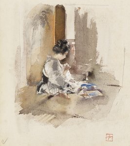 Japans meisje aan het naaien, 1890 door Robert Frederick Blum
