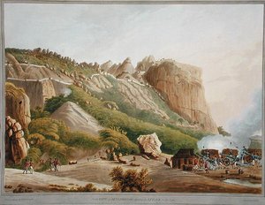 Noordelijk Uitzicht op Sewandroog met de Aanval in december 1791, illustratie uit Twelve Views of Mysore, the Country of Tipoo Sultan gegraveerd en ingekleurd door J.W. Edy, uitgegeven 1804