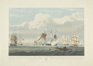 Vertrek van twaalf Nederlandse koopvaardijschepen uit de haven van Portsmouth, 1833 (plaat 3) door Robert Havell (II)