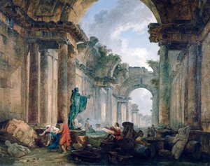 Denkbeeldig uitzicht op de Grote Galerie van het Louvre in ruïnes