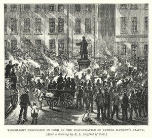 Fakkeloptocht in Cork bij de Inhuldiging van het Standbeeld van Vader Mathew (gravure) door Robert L. Stopford