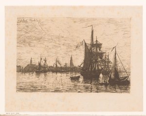 Gezicht op Antwerpen met schepen op de voorgrond door Robert Mols