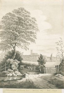 Wolverhampton - Ver uitzicht vanaf Dunstall Lane: sepia wassing tekening, 1837 door Robert Noyes