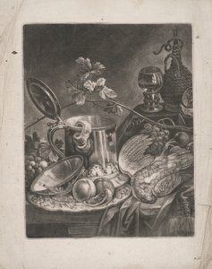 Stilleven met bierpul en dessertschotel