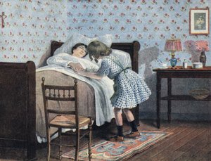 Een klein meisje aan het bed van haar zieke moeder wacht op haar oorlog. Illustratie door Robert Salles (1871-1929) in 