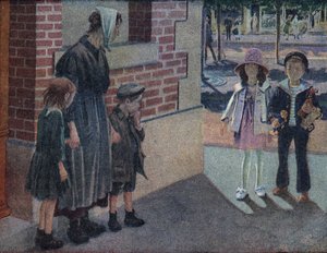 Liefdadigheid: een moeder en haar twee kinderen vragen om aalmoes van een jongen en een meisje op straat die hen hun spaargeld en speelgoed zullen geven. Illustratie door Robert Salles (1871-1929) in “Ik kan lezen”