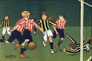 Voetbal. Gravure in "Waar spelen we?" door E. Weber met aquareltekeningen door Robert Salles (1871-1929). Librairie Garnier Frères, Parijs