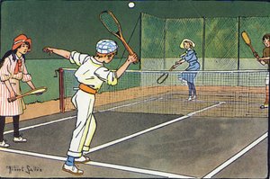 Lawn tennis. Gravure in "Waar spelen we mee?" door E. Weber met aquareltekeningen van Robert Salles (1871-1929). Librairie Garnier Freres, Parijs door Robert Salles