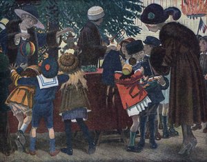 De kerstboom van de Lotharingse Elzassers: kinderen uit de Elzas en Lotharingen (Elzas-Lotharingen) komen hun cadeaus ophalen rond de kerstboom die aan de stad is aangeboden. Illustratie door Robert Salles (1871-1929) in “Ik kan lezen” door Robert Salles