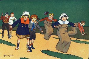 De zakkenrace. Gravure in "Waar spelen we mee?" door E. Weber met aquareltekeningen van Robert Salles (1871-1929). Librairie Garnier Freres, Parijs door Robert Salles