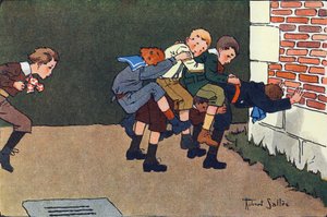 Het gesmolten paard (bij het springen moet je een califurchon op de rug van een ander kind springen zonder de anderen omver te stoten). Gravure in "Waar spelen we mee?" door E. Weber met aquareltekeningen van Robert Salles (1871-1929). Librairie Garnier Fr door Robert Salles