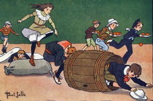 De hindernisrace. Gravure in "Waar spelen we mee?" door E. Weber met aquareltekeningen van Robert Salles (1871-1929). Librairie Garnier Frères, Parijs door Robert Salles