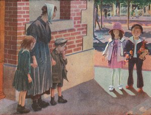 Twee rijke kinderen ontmoeten een arme moeder en haar kinderen die op straat bedelen (kleurenlitho)