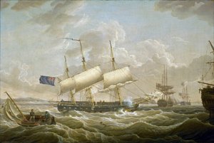 Een fregat voor anker in de Mersey (rivier in het noordwesten van Engeland). Fort Perch Rock is zichtbaar aan de horizon