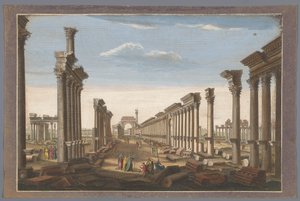 Gezicht op de ruïne van de boog van de zuilengalerij te Palmyra, gezien vanaf de westzijde