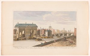 Gezicht op het Custom House en de Essex Bridge over de rivier de Liffey te Dublin