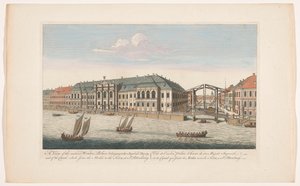 Gezicht op het Winterpaleis en het kanaal tussen de rivieren de Mojka en de Neva te Sint-Petersburg