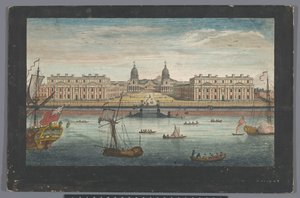 Gezicht op Greenwich Hospital aan de rivier de Theems te Greenwich door Robert Sayer