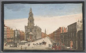 Gezicht op Somerset House en de kerk Saint Mary-le-Strand te Londen door Robert Sayer