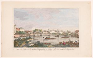 Gezicht op de Hampton Court Bridge over de rivier de Theems tussen Hampton en East Molesey door Robert Sayer