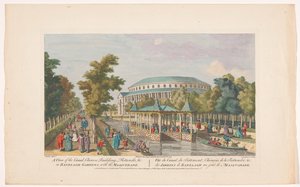 Gezicht op de Rotunda en het Chinese paviljoen op het kanaal in Ranelagh Gardens te Londen met een gemaskerd bal
