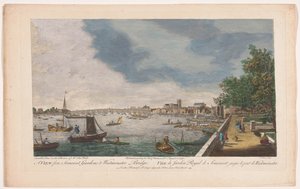 Gezicht op de Westminster Bridge over de rivier de Theems te Londen, gezien vanaf de tuin van Somerset House door Robert Sayer