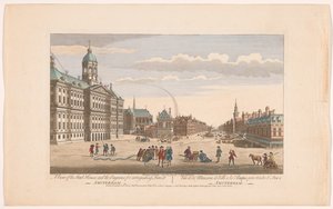 Gezicht op het Stadhuis te Amsterdam met brandweerlieden op de Dam door Robert Sayer