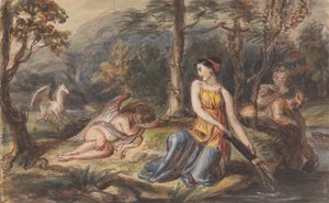 Diana, godin van de jacht, met saters, slapende Cupido en een Pegasus in een bosrijk landschap